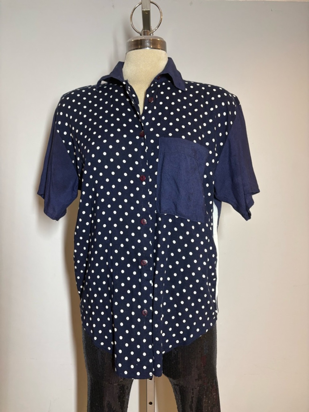 Polka Dot Navy Short-Sleeve Button-Up Blouse